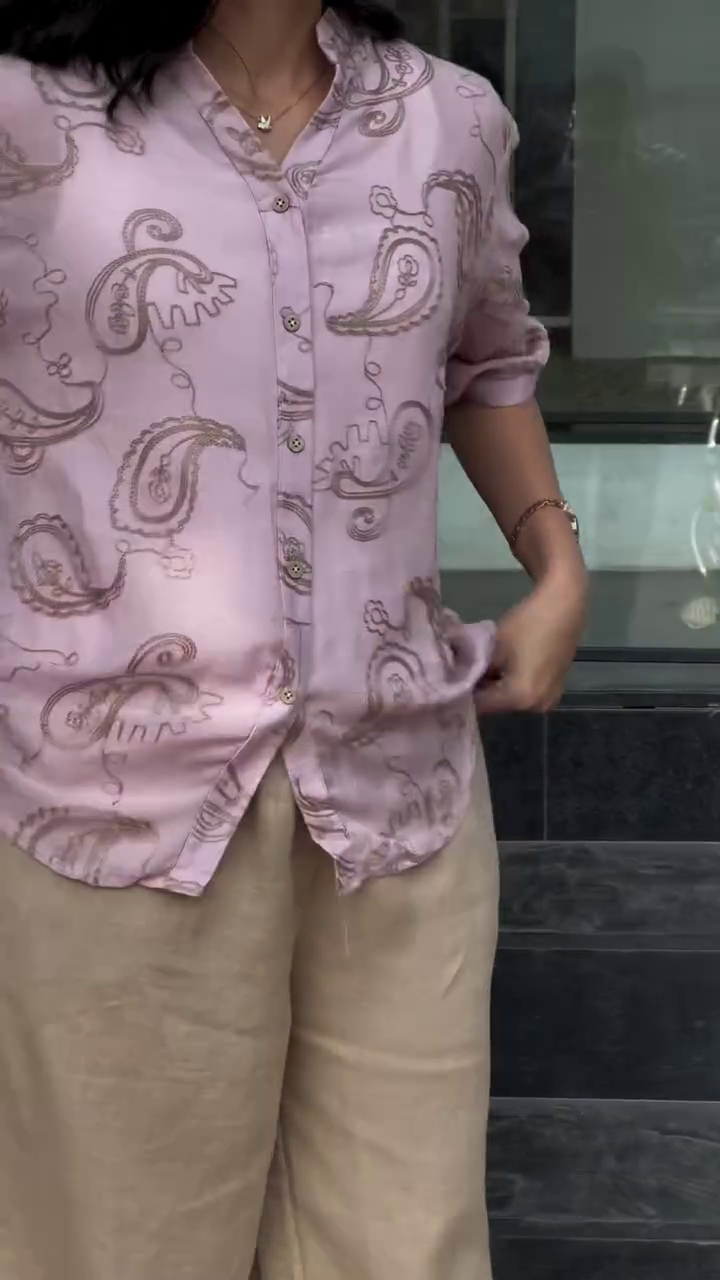 Chocolate Brown Paisley Print Button-Down Relaxed Fit Shirt with Beige Wide-Leg Trousers Casual Chic Two-Piece Outfit 🤎✨👚👖 - Image 4