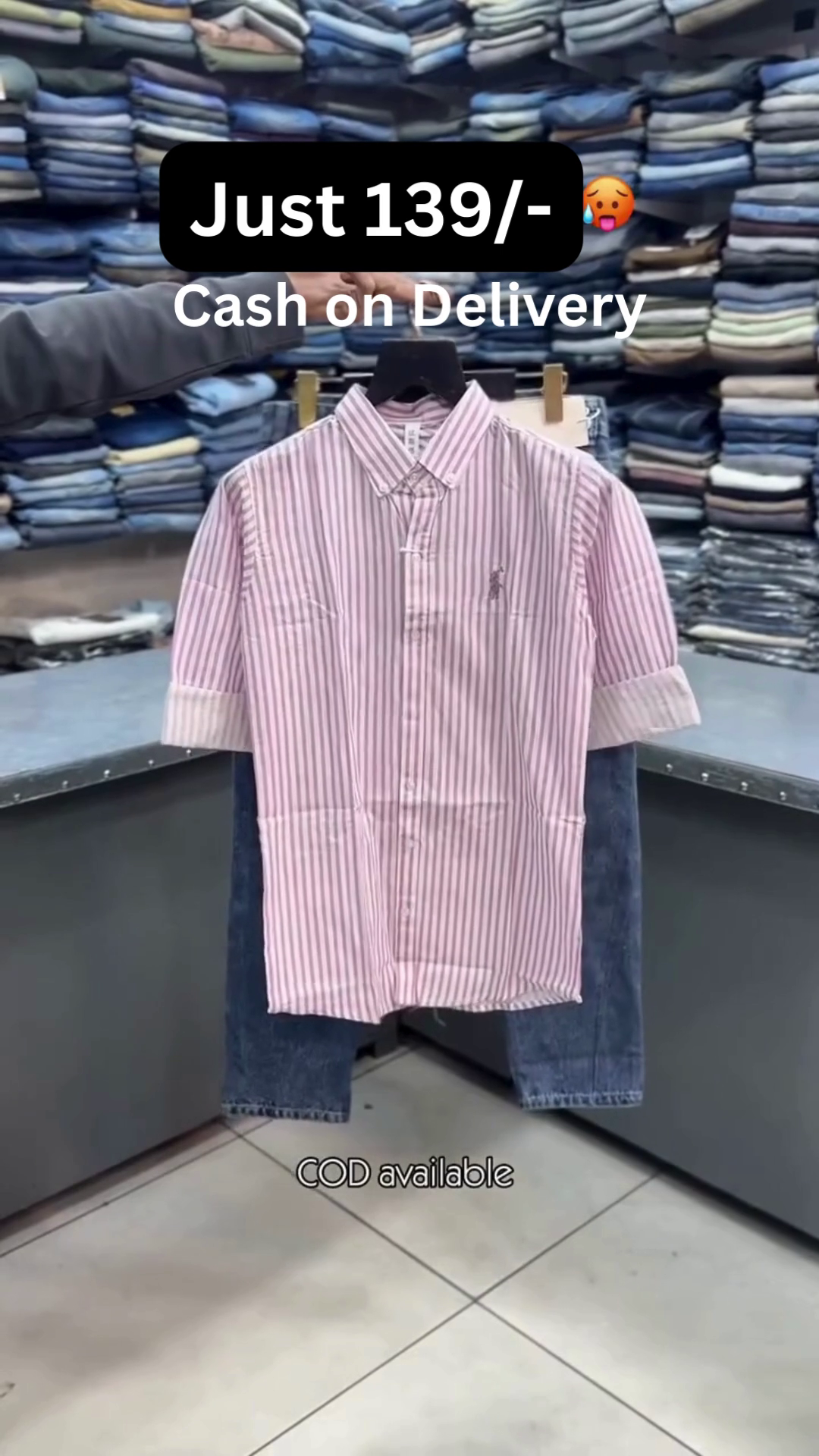 Men’s Light Grey Vertical Stripe Short-Sleeve Button-Down Shirt with Solid Black Straight-Fit Trousers Smart Casual Combo Set 👔🖤✨ - Image 3