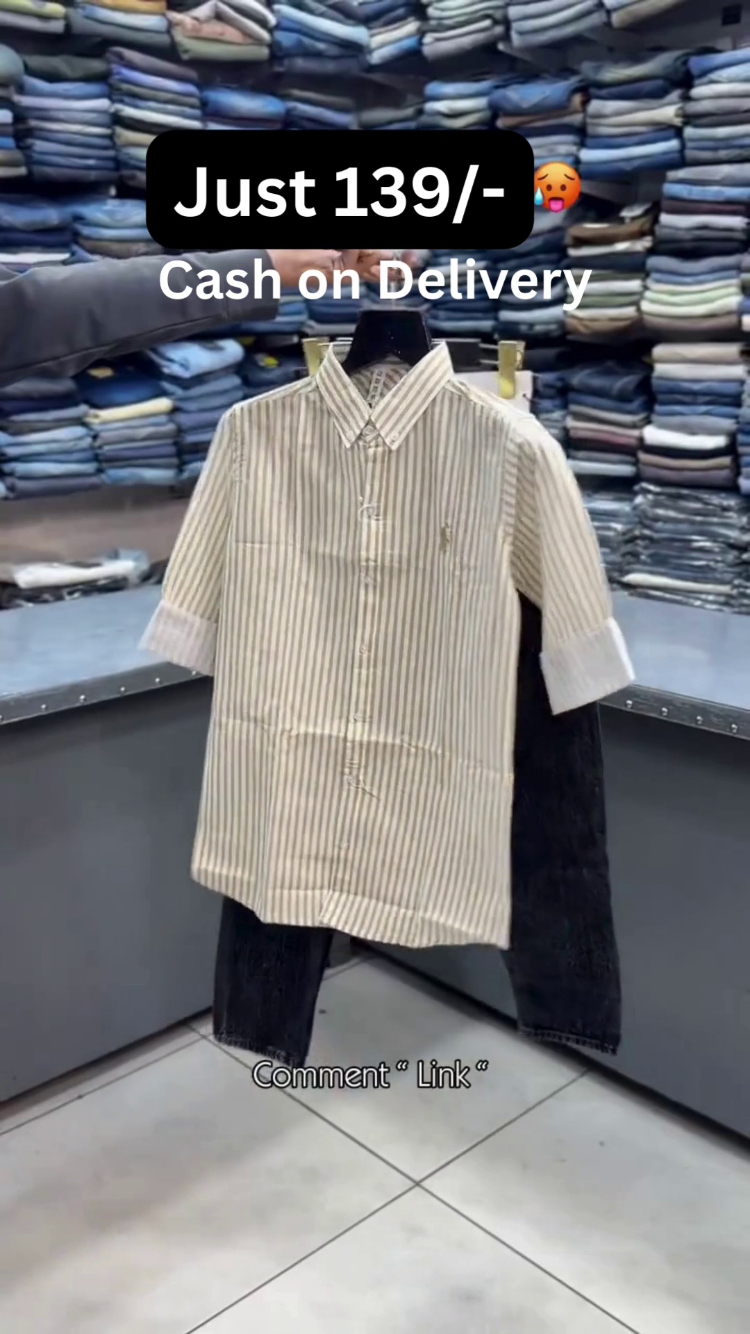 Men’s Light Grey Vertical Stripe Short-Sleeve Button-Down Shirt with Solid Black Straight-Fit Trousers Smart Casual Combo Set 👔🖤✨ - Image 2