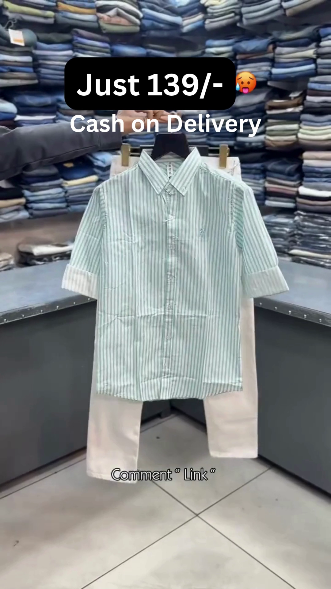 Men’s Light Grey Vertical Stripe Short-Sleeve Button-Down Shirt with Solid Black Straight-Fit Trousers Smart Casual Combo Set 👔🖤✨ - Image 4