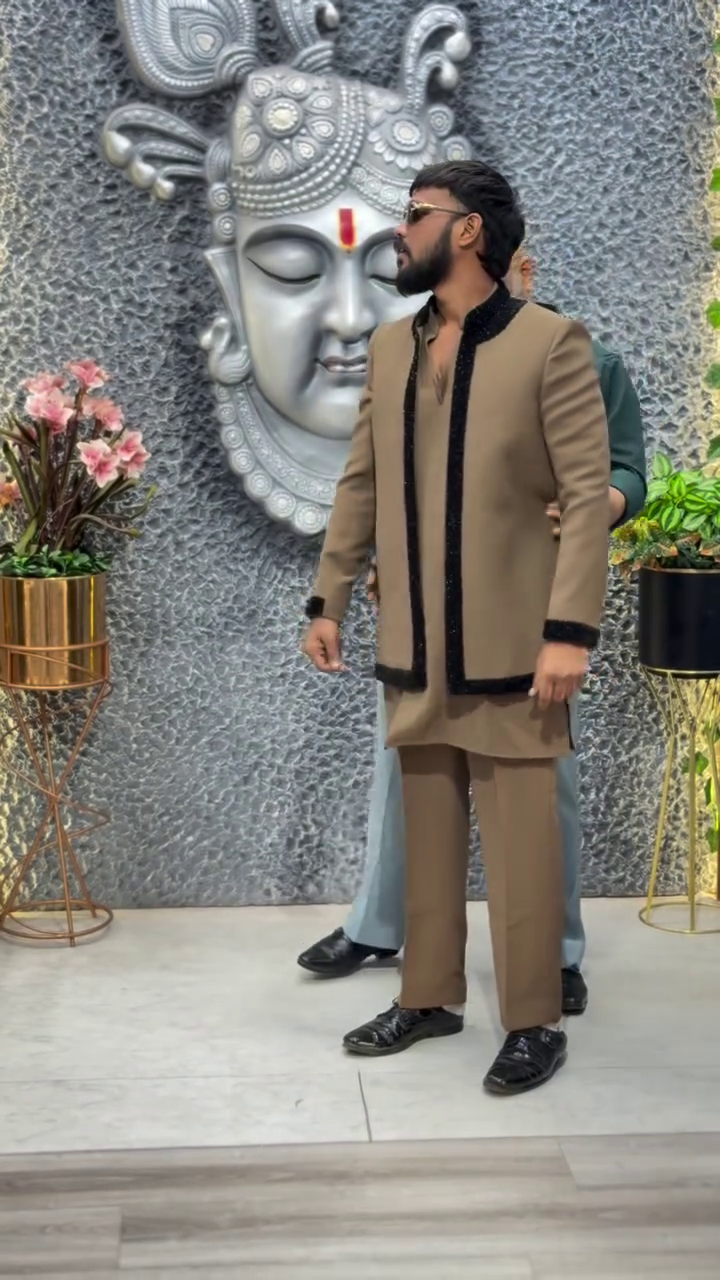 Men’s Royal Brown Designer Kurta Pajama Set with Black Velvet Trim Detailing and Structured Band Collar