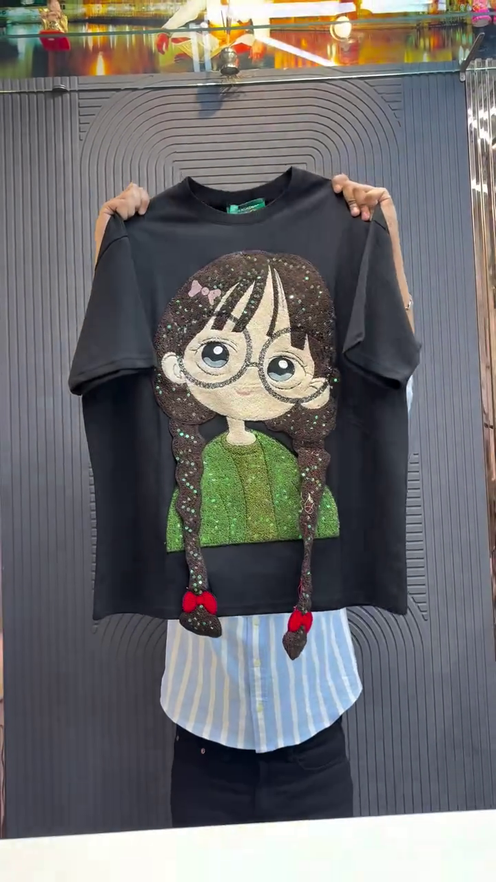 Trendy Yellow Oversized Graphic Cartoon Character Applique T-Shirt with Textured Braided Detail - Image 2