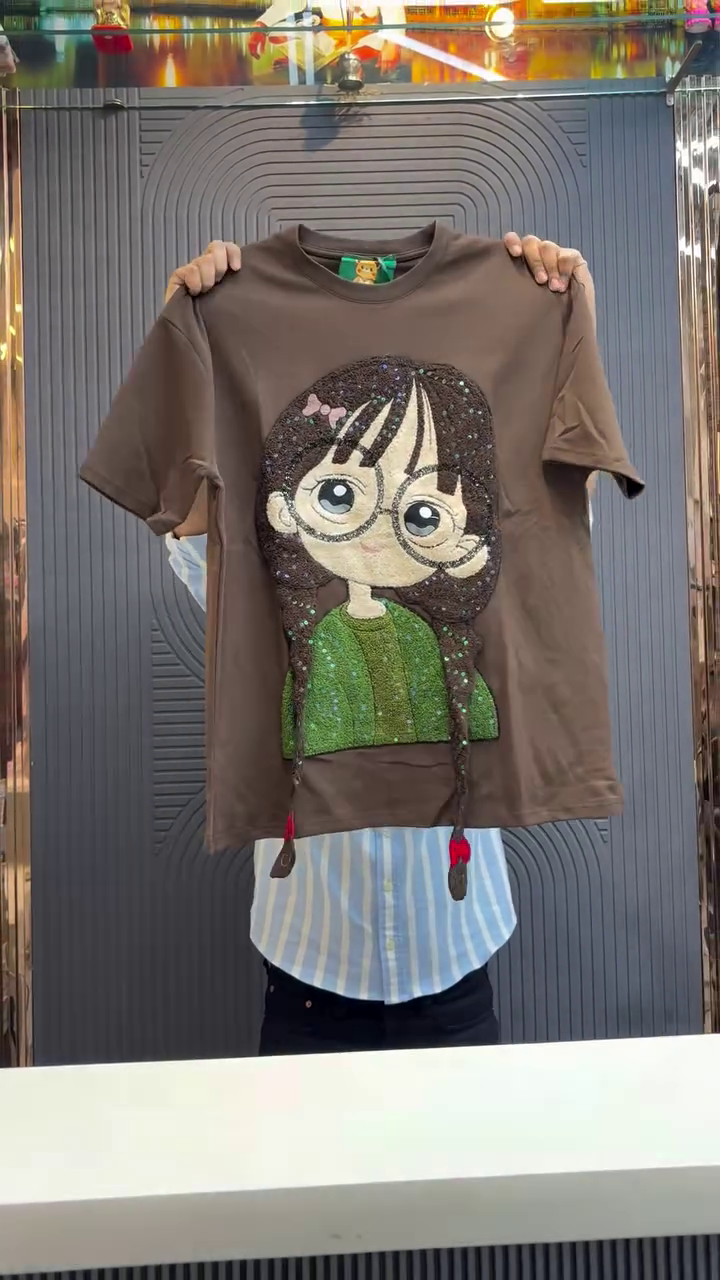 Trendy Yellow Oversized Graphic Cartoon Character Applique T-Shirt with Textured Braided Detail - Image 3