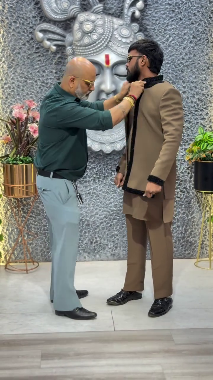 Men’s Royal Brown Designer Kurta Pajama Set with Black Velvet Trim Detailing and Structured Band Collar - Image 4