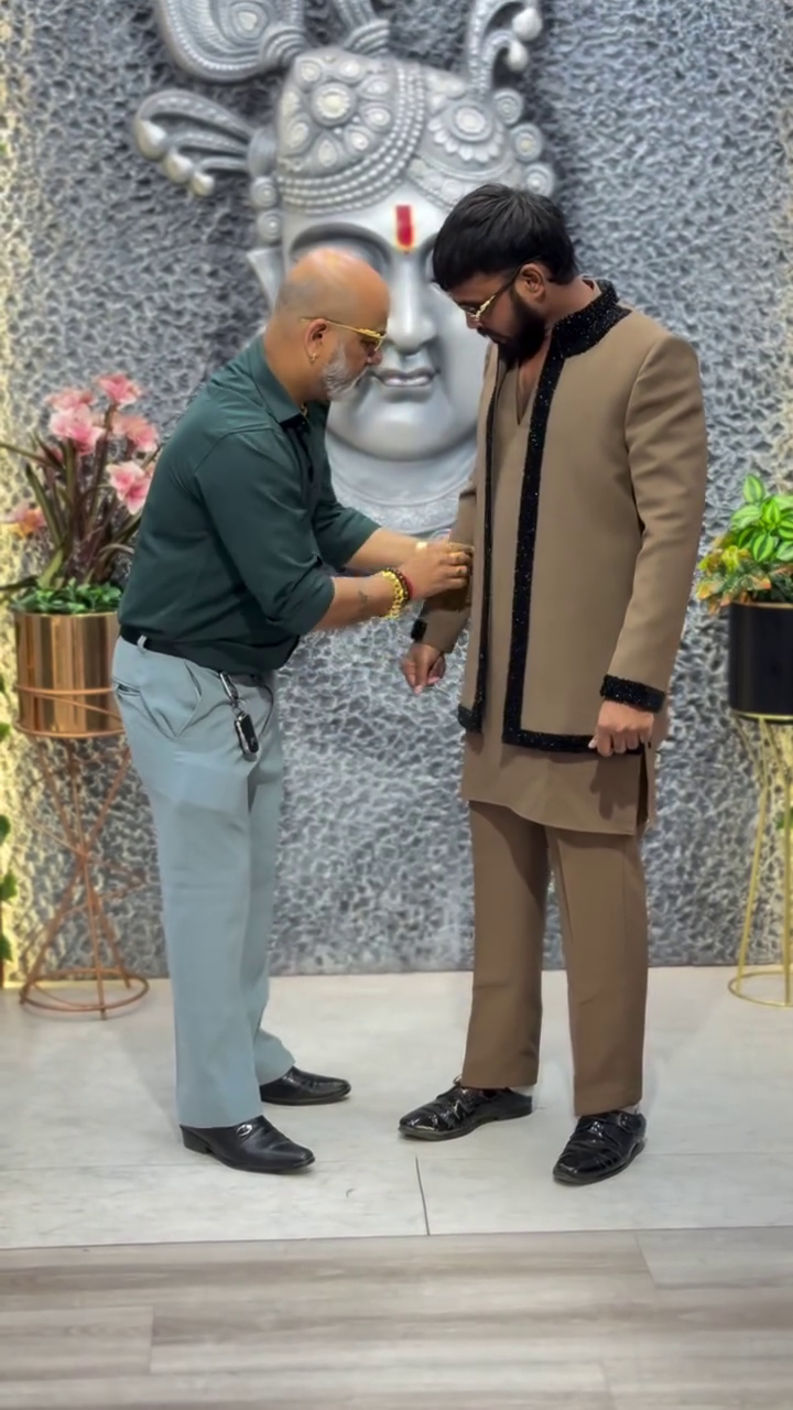 Men’s Royal Brown Designer Kurta Pajama Set with Black Velvet Trim Detailing and Structured Band Collar - Image 2