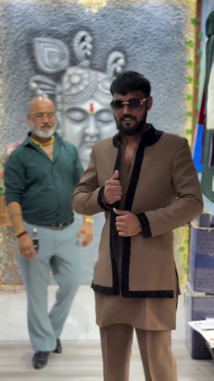 Men’s Royal Brown Designer Kurta Pajama Set with Black Velvet Trim Detailing and Structured Band Collar - Image 5