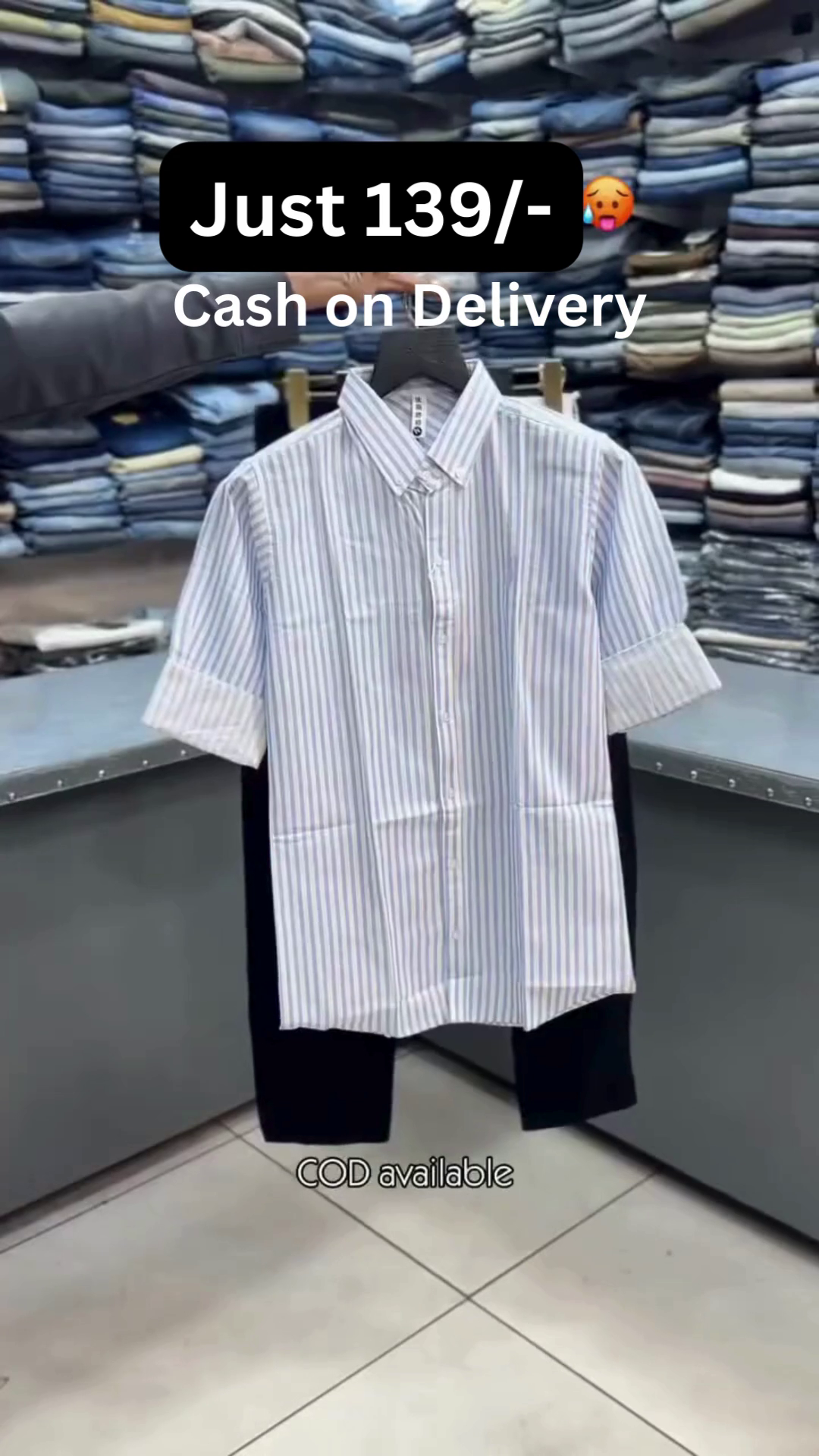 Men’s Light Grey Vertical Stripe Short-Sleeve Button-Down Shirt with Solid Black Straight-Fit Trousers Smart Casual Combo Set 👔🖤✨