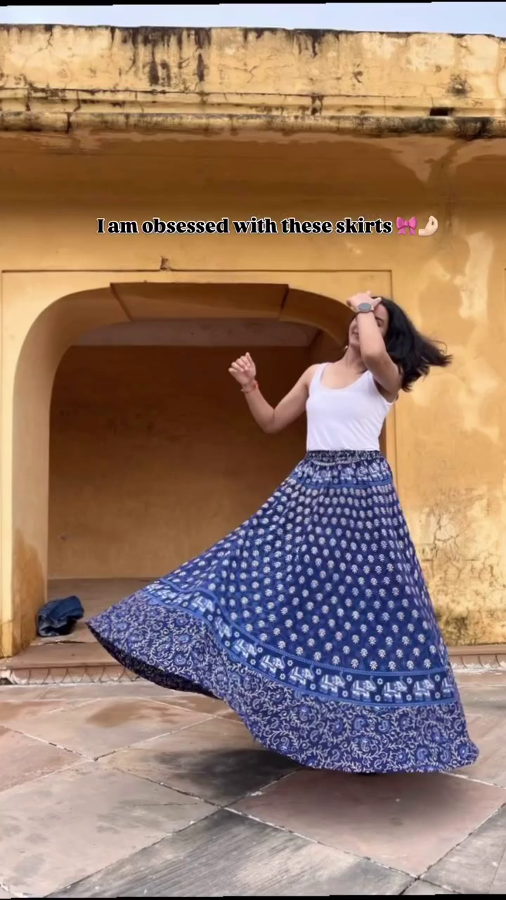 Deep Navy Blue Flared Maxi Skirt with All-Over Silver Leaf Block Print & Striped Contrast Border Hem 🌌🌿✨ - Image 6