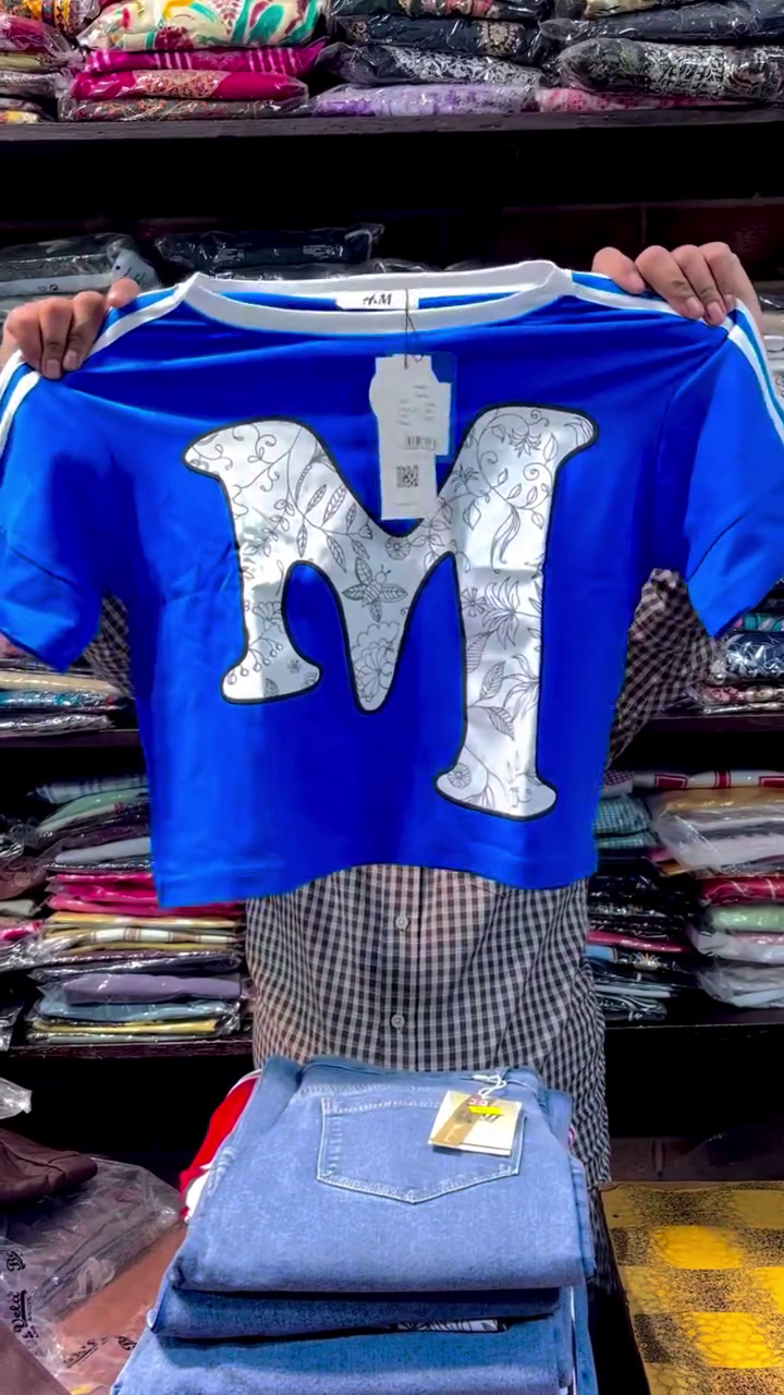 Royal Blue Short Sleeve Graphic Statement T-Shirt with Oversized White Floral Monogram Letter Print 🎨💙✨