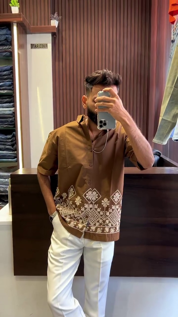 Earthy Cocoa Brown Short Sleeve Button-Down Shirt with Cream Ethnic Geometric & Floral Border Embroidery Hem Detail πΏπ€β¨