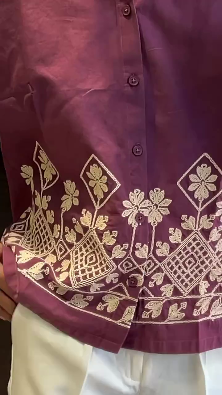 Earthy Cocoa Brown Short Sleeve Button-Down Shirt with Cream Ethnic Geometric & Floral Border Embroidery Hem Detail πΏπ€β¨ - Image 2