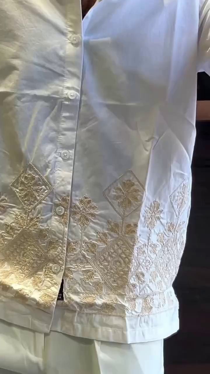 Earthy Cocoa Brown Short Sleeve Button-Down Shirt with Cream Ethnic Geometric & Floral Border Embroidery Hem Detail πΏπ€β¨ - Image 3