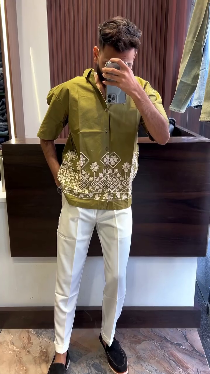 Earthy Cocoa Brown Short Sleeve Button-Down Shirt with Cream Ethnic Geometric & Floral Border Embroidery Hem Detail πΏπ€β¨ - Image 5