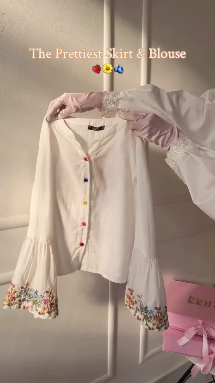 Pure White Floral Embroidered Tiered Maxi Skirt & Matching Bell Sleeve Button-Front Blouse Co-Ord Set with Multicolor Button Detail πΌπ€β¨πΈ - Image 7