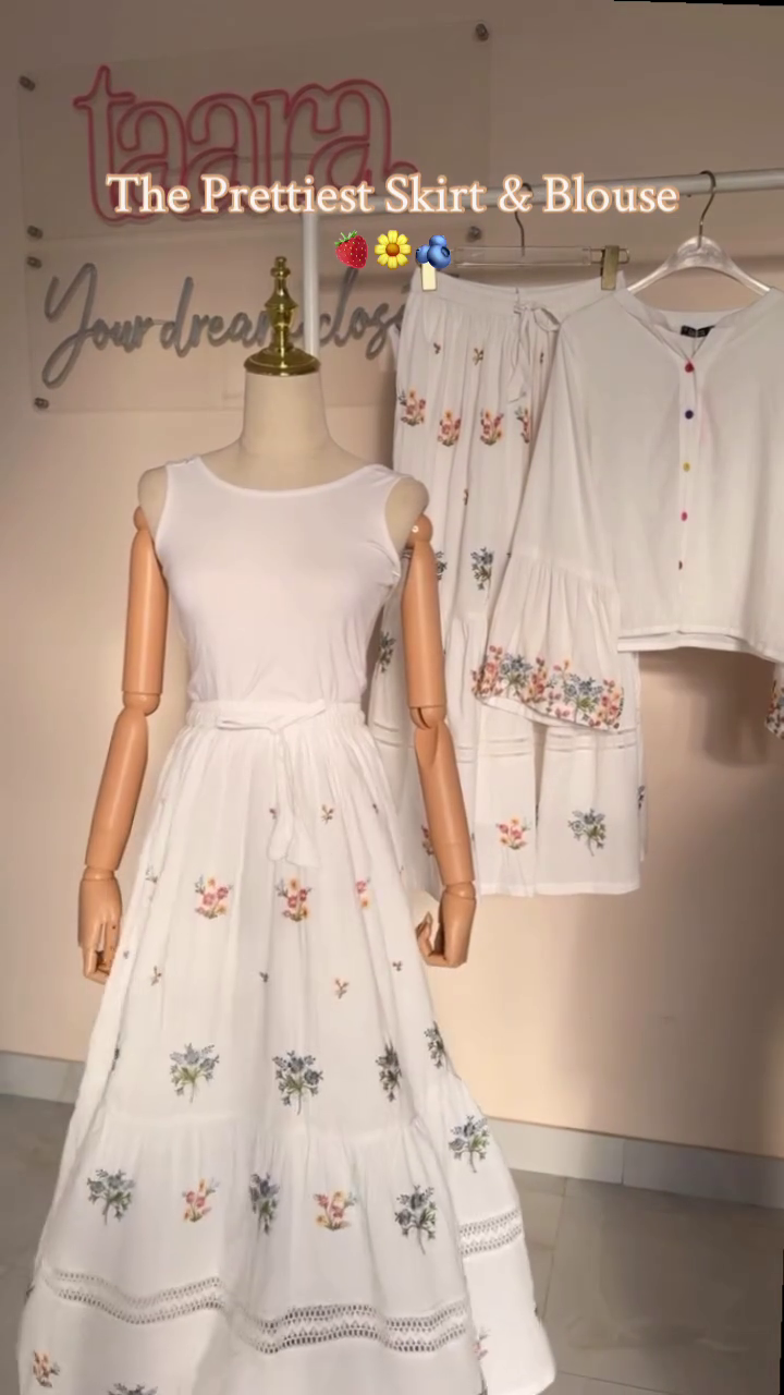 Pure White Floral Embroidered Tiered Maxi Skirt & Matching Bell Sleeve Button-Front Blouse Co-Ord Set with Multicolor Button Detail πΌπ€β¨πΈ - Image 6