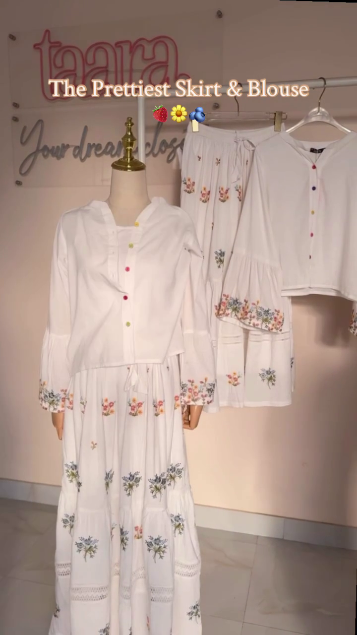 Pure White Floral Embroidered Tiered Maxi Skirt & Matching Bell Sleeve Button-Front Blouse Co-Ord Set with Multicolor Button Detail πΌπ€β¨πΈ