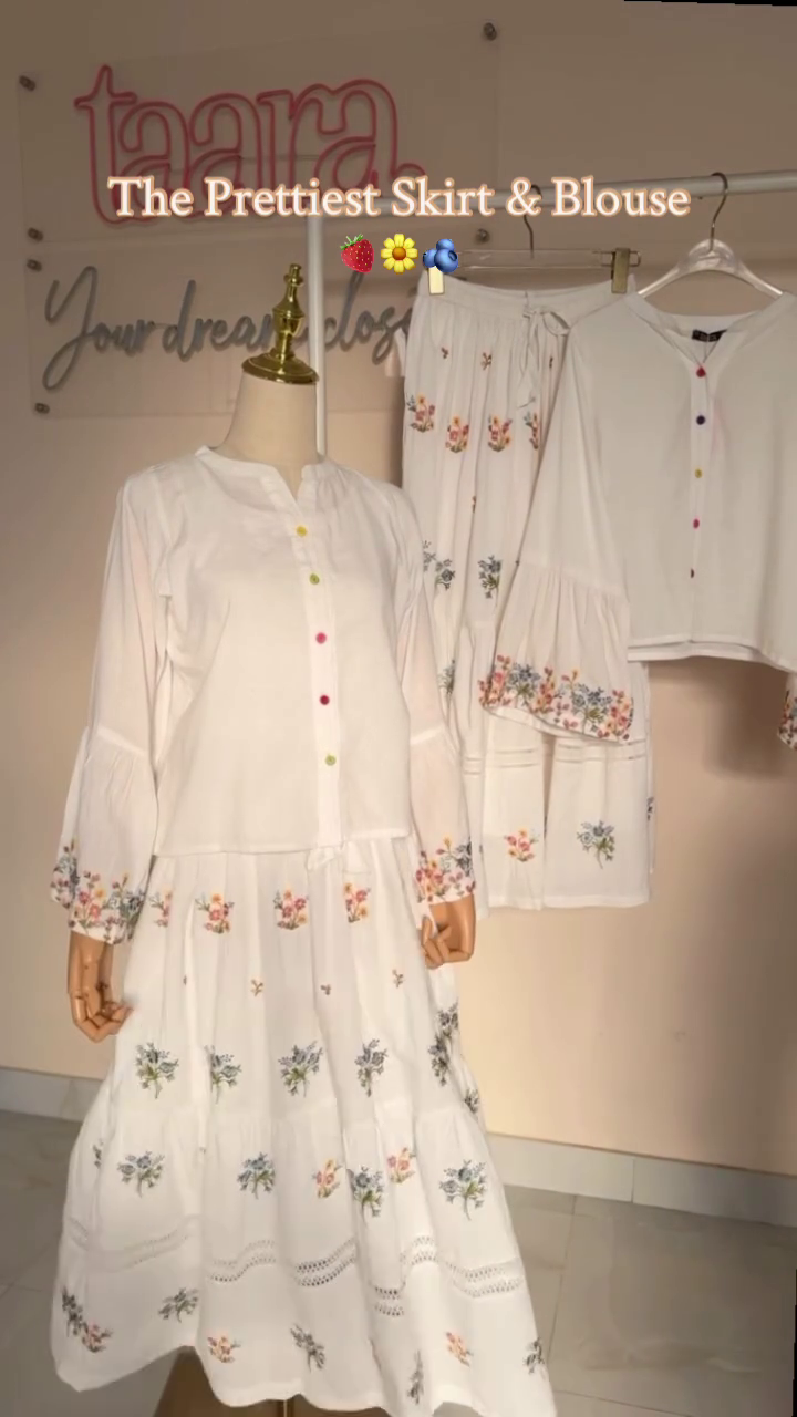 Pure White Floral Embroidered Tiered Maxi Skirt & Matching Bell Sleeve Button-Front Blouse Co-Ord Set with Multicolor Button Detail πΌπ€β¨πΈ - Image 5