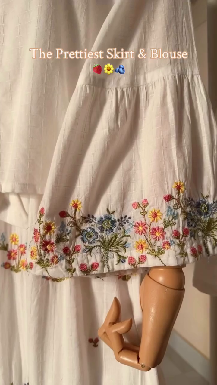 Pure White Floral Embroidered Tiered Maxi Skirt & Matching Bell Sleeve Button-Front Blouse Co-Ord Set with Multicolor Button Detail πΌπ€β¨πΈ - Image 4