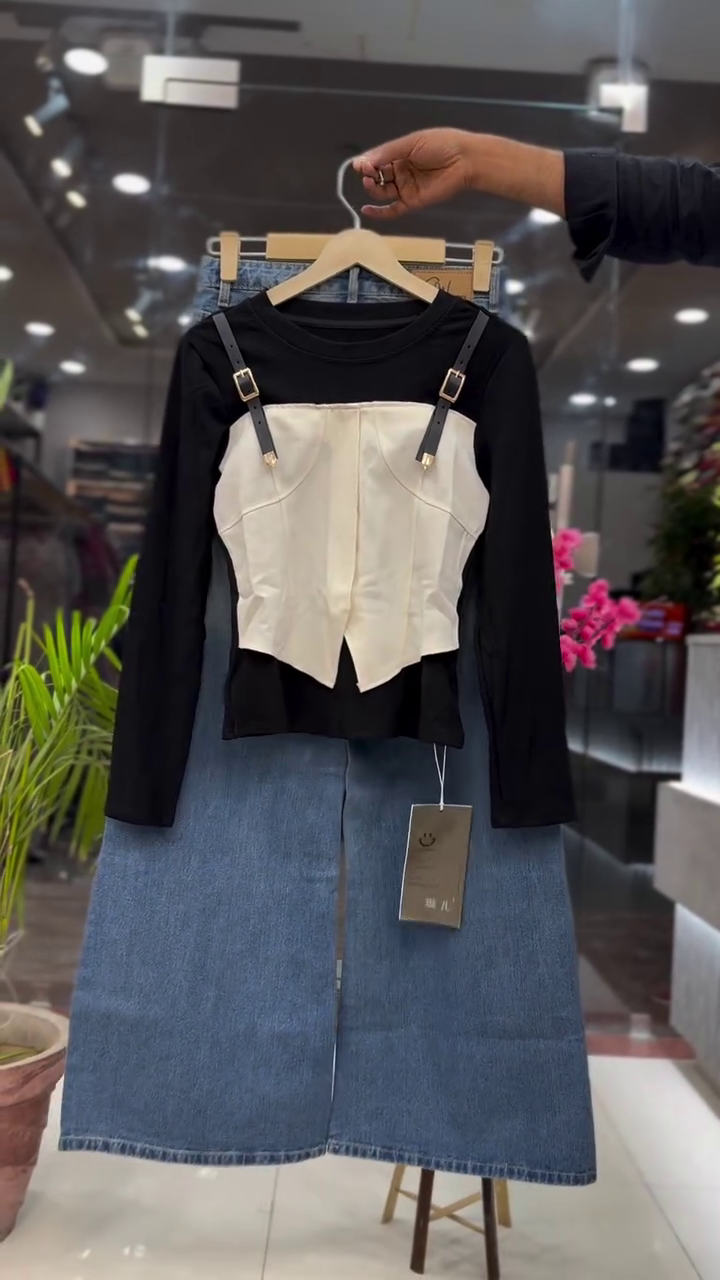 Black Full Sleeve Inner Top with Structured Beige Corset-Style Overlay & Light Blue Wide-Leg Denim Pants Set π€π€πβ¨ - Image 2