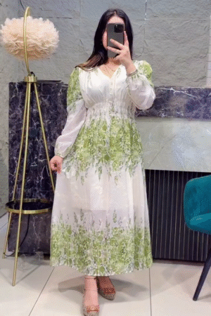 White & Fresh Green Floral Printed Long Maxi Dress with Smocked Waist & Sheer Puff Sleeves – Elegant Daywear Flowing Gown 🌿🤍🌸