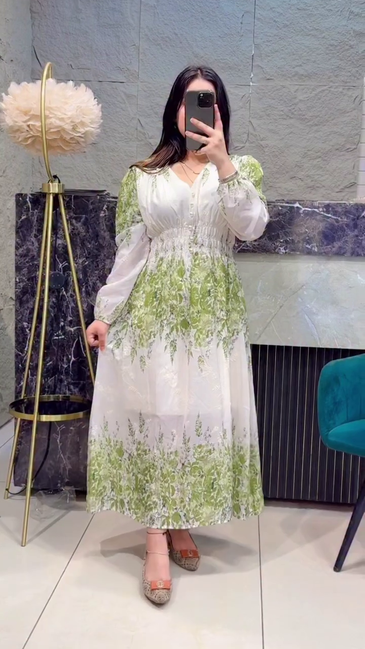 White & Fresh Green Floral Printed Long Maxi Dress with Smocked Waist & Sheer Puff Sleeves β Elegant Daywear Flowing Gown πΏπ€πΈ