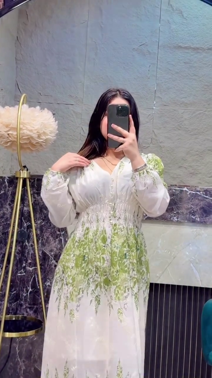 White & Fresh Green Floral Printed Long Maxi Dress with Smocked Waist & Sheer Puff Sleeves β Elegant Daywear Flowing Gown πΏπ€πΈ - Image 2