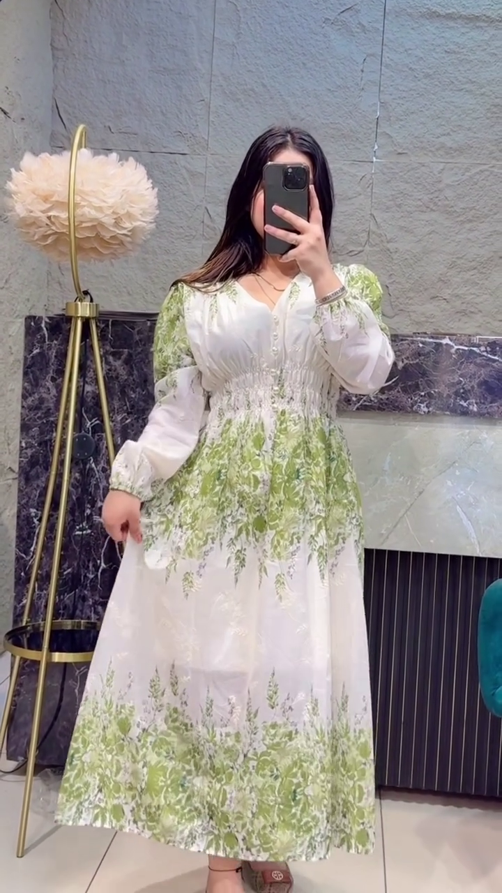 White & Fresh Green Floral Printed Long Maxi Dress with Smocked Waist & Sheer Puff Sleeves β Elegant Daywear Flowing Gown πΏπ€πΈ - Image 3