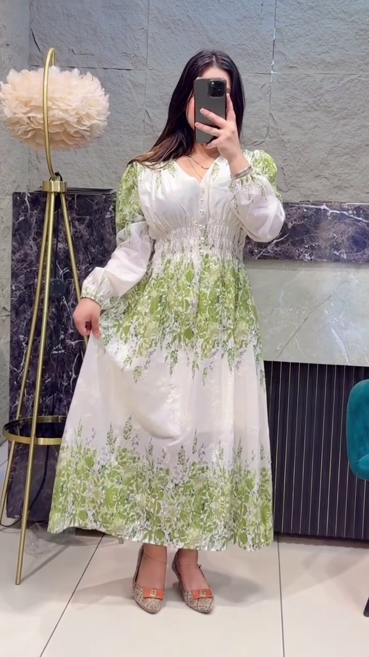 White & Fresh Green Floral Printed Long Maxi Dress with Smocked Waist & Sheer Puff Sleeves β Elegant Daywear Flowing Gown πΏπ€πΈ - Image 4