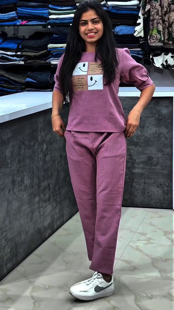 Mauve Purple Casual Co-Ord Lounge Set with Minimal Graphic Patch Detail โ Half Sleeve Relaxed Fit Top & Straight Pants Set ๐๐โจ - Image 2
