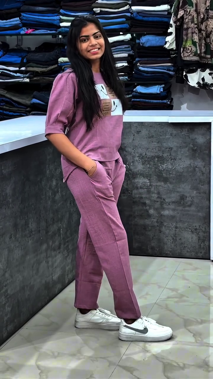 Mauve Purple Casual Co-Ord Lounge Set with Minimal Graphic Patch Detail โ Half Sleeve Relaxed Fit Top & Straight Pants Set ๐๐โจ - Image 3