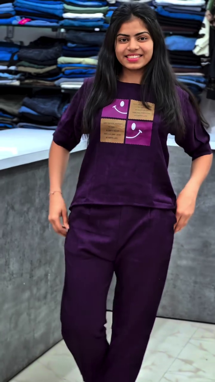 Mauve Purple Casual Co-Ord Lounge Set with Minimal Graphic Patch Detail โ Half Sleeve Relaxed Fit Top & Straight Pants Set ๐๐โจ - Image 5