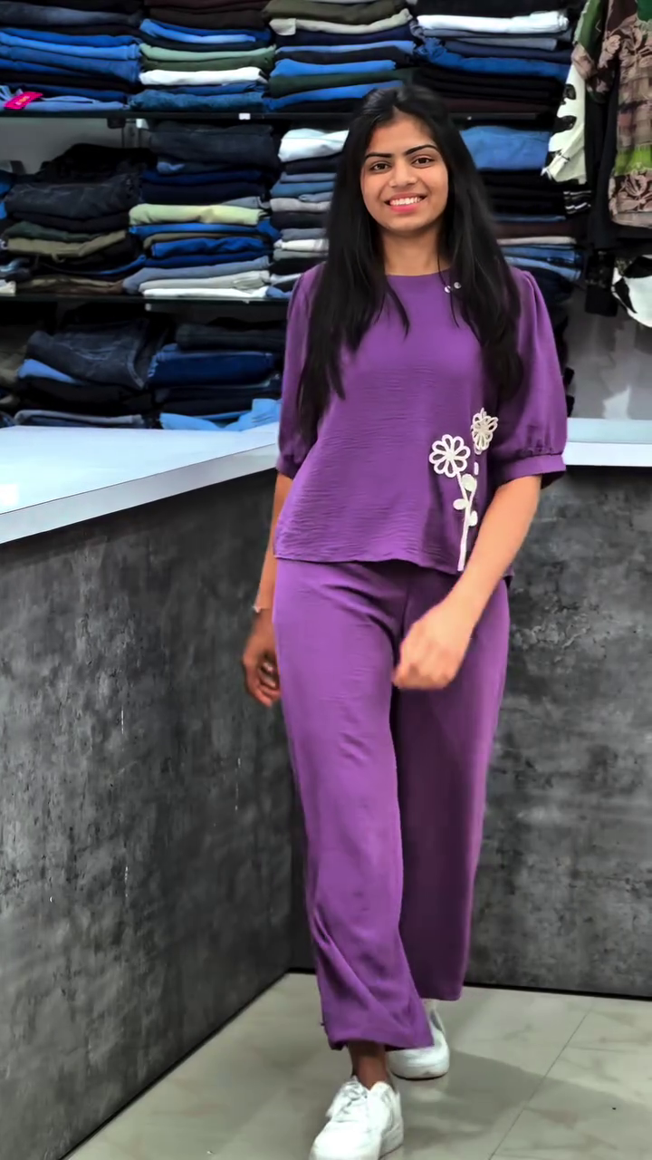 Mauve Purple Casual Co-Ord Lounge Set with Minimal Graphic Patch Detail โ Half Sleeve Relaxed Fit Top & Straight Pants Set ๐๐โจ - Image 7