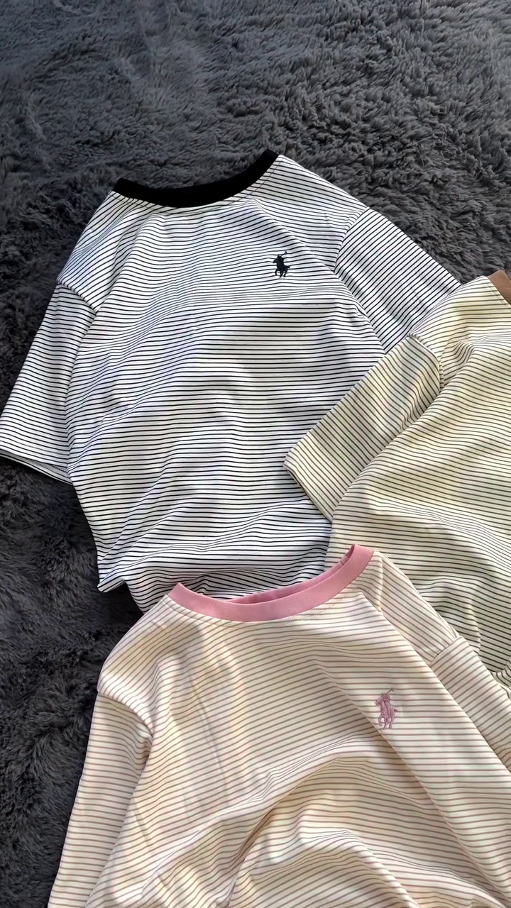 Classic Slim Fit Horizontal Micro-Stripe Cotton T-Shirts with Contrast Ribbed Neckline & Minimal Horse Embroidery Detail ππ€π€β¨