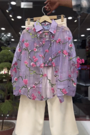 Lavender Sheer Floral Embroidered Organza Button-Down Shirt