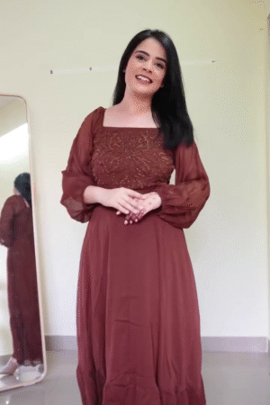 Chocolate Brown Square-Neck Embroidered Bodice Maxi Dress with Sheer Full Sleeves and Flowing Floor-Length Flared Skirt