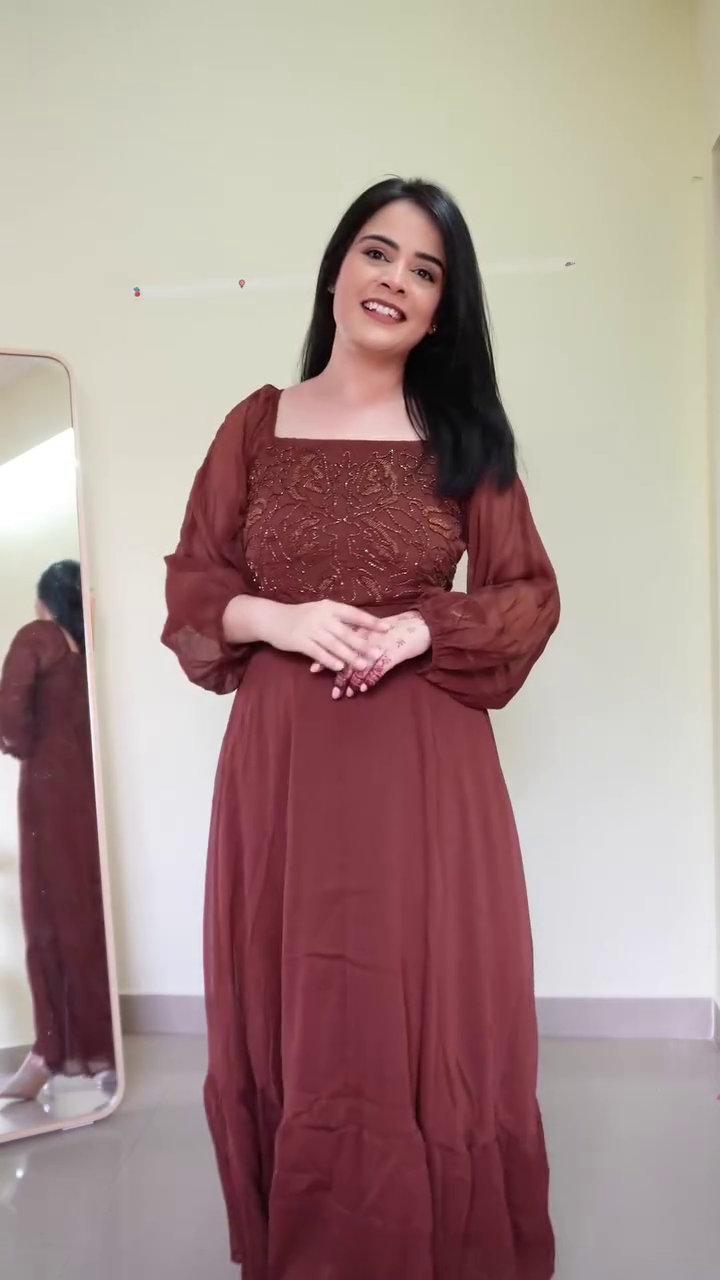 Chocolate Brown Square-Neck Embroidered Bodice Maxi Dress with Sheer Full Sleeves and Flowing Floor-Length Flared Skirt