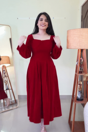 Classic Deep Red Square-Neck A-Line Midi Dress with Fitted Bodice, Flowy Skirt & Full-Length Sleeves β Elegant Evening & Special Occasion Wear