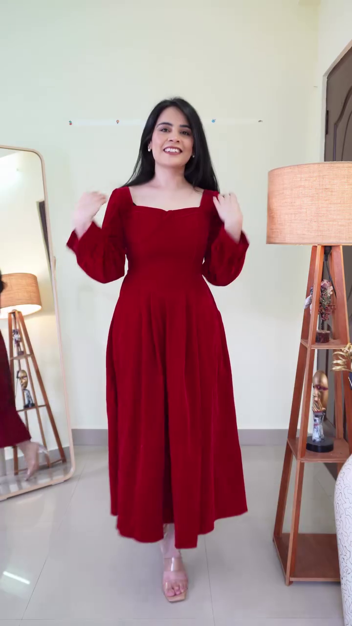 Classic Deep Red Square-Neck A-Line Midi Dress with Fitted Bodice, Flowy Skirt & Full-Length Sleeves – Elegant Evening & Special Occasion Wear
