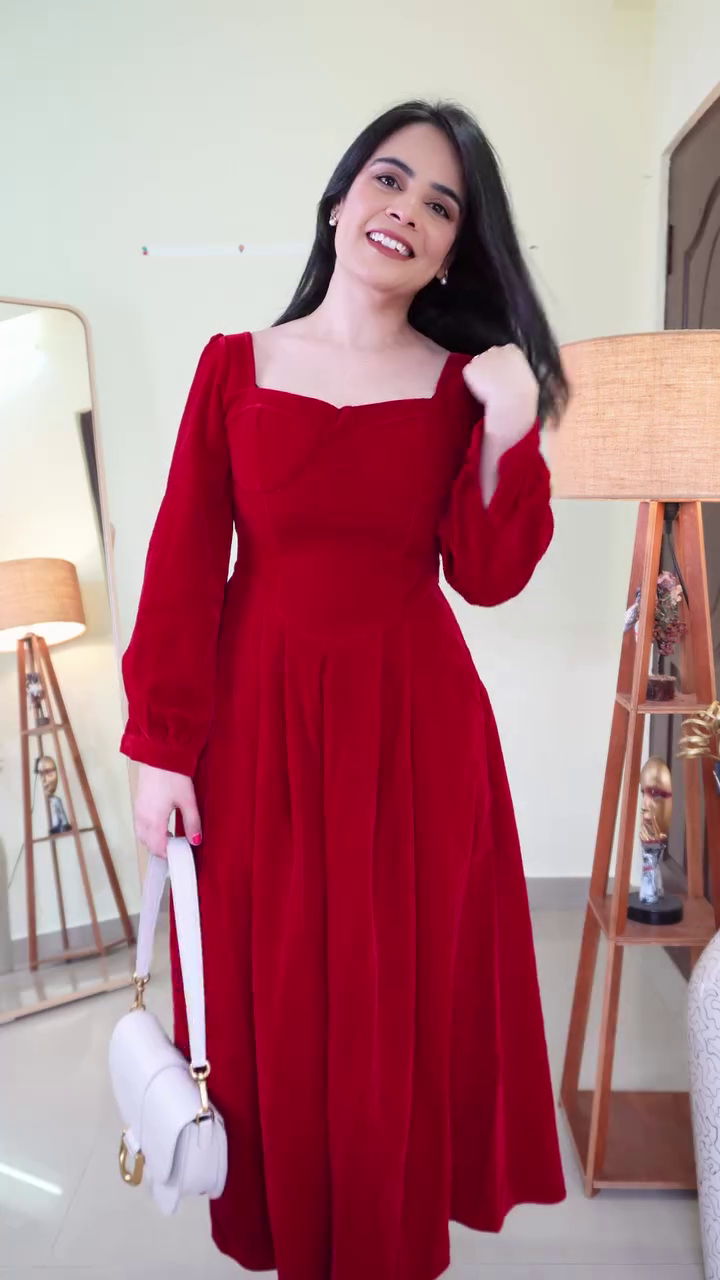 Classic Deep Red Square-Neck A-Line Midi Dress with Fitted Bodice, Flowy Skirt & Full-Length Sleeves – Elegant Evening & Special Occasion Wear - Image 4