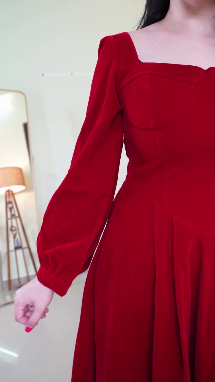 Classic Deep Red Square-Neck A-Line Midi Dress with Fitted Bodice, Flowy Skirt & Full-Length Sleeves – Elegant Evening & Special Occasion Wear - Image 2