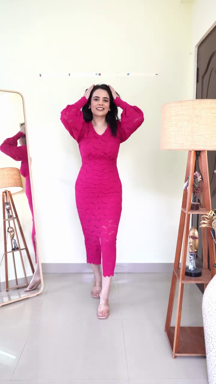 Hot Pink Floral Lace Bodycon Midi Dress with V-Neckline, Ruched Waist Detailing & Sheer Balloon Sleeves – Romantic Party & Evening Statement Outfit