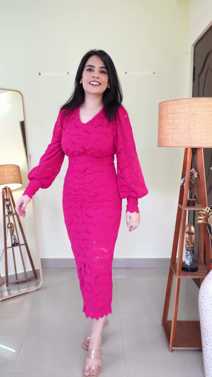 Hot Pink Floral Lace Bodycon Midi Dress with V-Neckline, Ruched Waist Detailing & Sheer Balloon Sleeves – Romantic Party & Evening Statement Outfit - Image 2