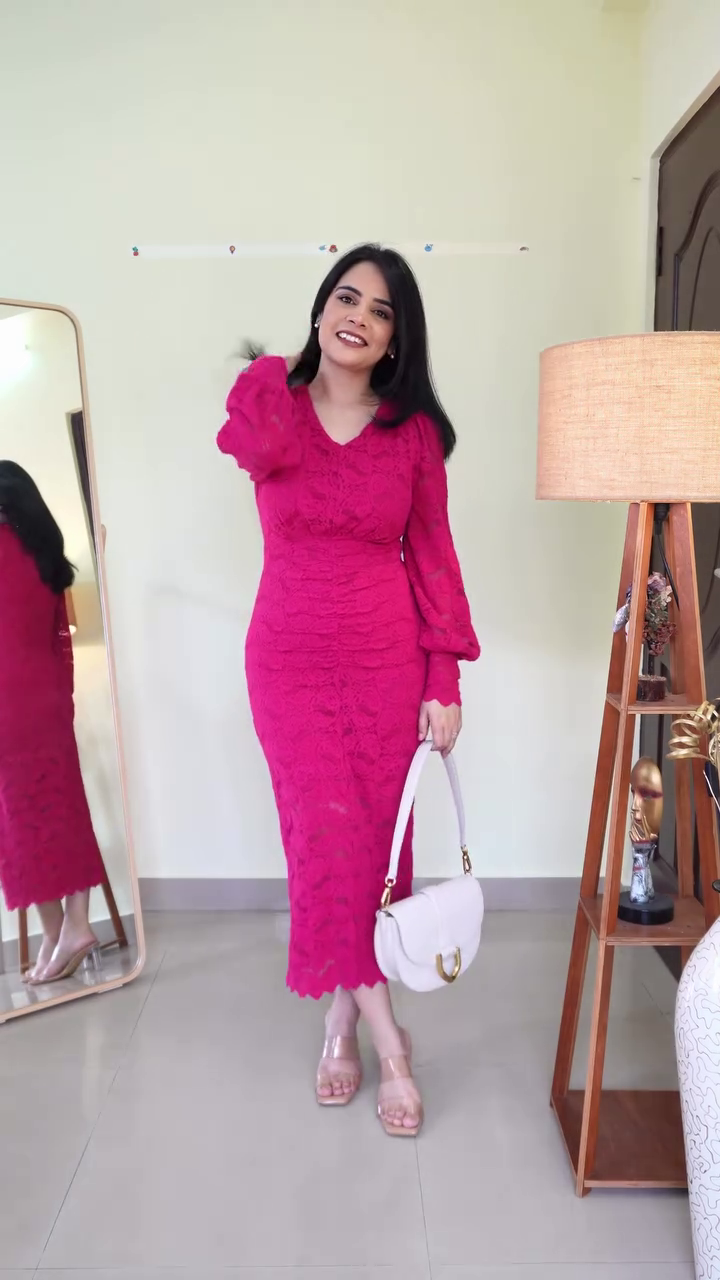 Hot Pink Floral Lace Bodycon Midi Dress with V-Neckline, Ruched Waist Detailing & Sheer Balloon Sleeves – Romantic Party & Evening Statement Outfit - Image 3