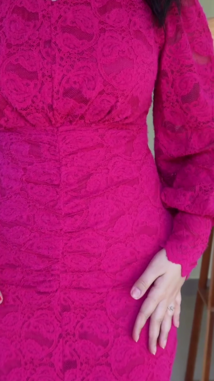 Hot Pink Floral Lace Bodycon Midi Dress with V-Neckline, Ruched Waist Detailing & Sheer Balloon Sleeves – Romantic Party & Evening Statement Outfit - Image 4