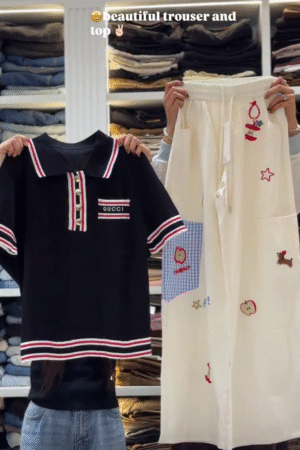 Polo Style Casual Top & Cream Embroidered  Trouser Set