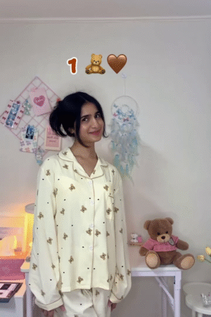 Bear Print Soft Cotton Nightwear Pajama Set with Relaxed Comfort Fit for Women