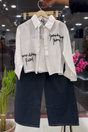 Elegant Scribble Chic White Shirt & Wide-Leg Denim Co-Ord Set 🤍✨👖