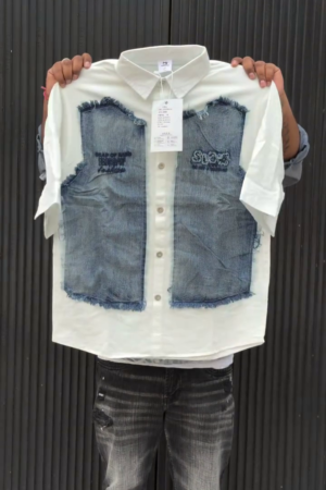 🤍 Urban Fusion White Denim Patch Shirt – Trendy Street Style Statement 👕🔥