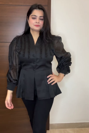 ✨🖤 Sultry Black Sheer Mesh Puffed Sleeve Peplum Blazer with Beaded Tassel Embroidery & Flared Skirt Hem - Dramatic Evening Wear Elegance for Parties & Special Nights! 👗🌙💃