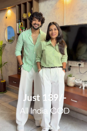 🌟👔 Perfect Couple Co-ord Set - Striped Green Linen Shirt with White Wide-Leg Trousers for Him & Her - Modern Ethnic Fusion for Casual Chic, Dates & Family Outings! 💚🤍👗